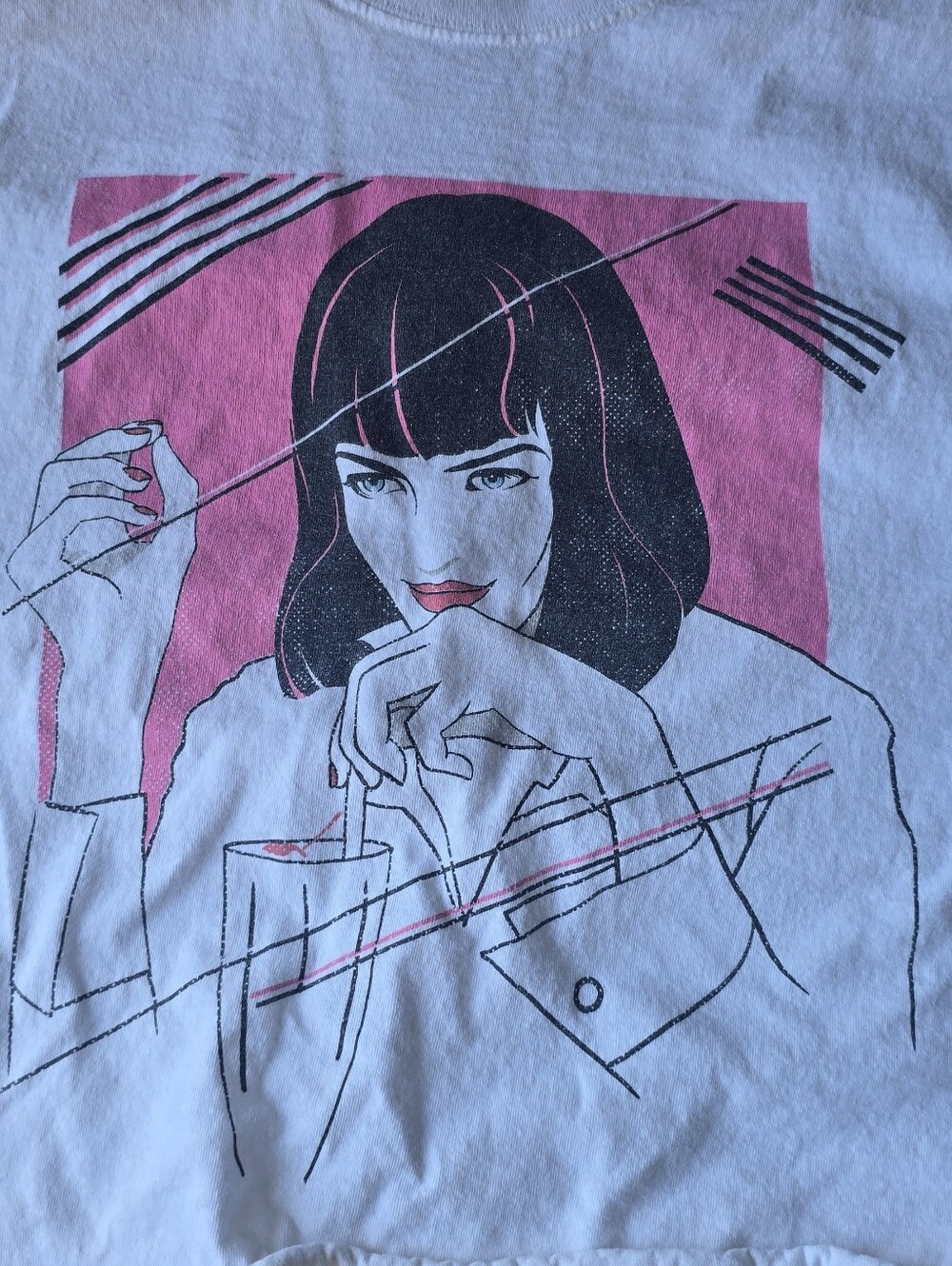 Pulp Fiction Mia Wallace Anime Illustration Crop Tee White Pink Graphic M/L